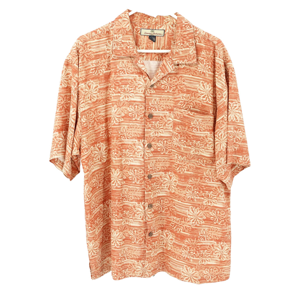 Tommy Bahama Hawaaian Shirt SZ L Floral Silk Travel Vacation Casual Maximalist